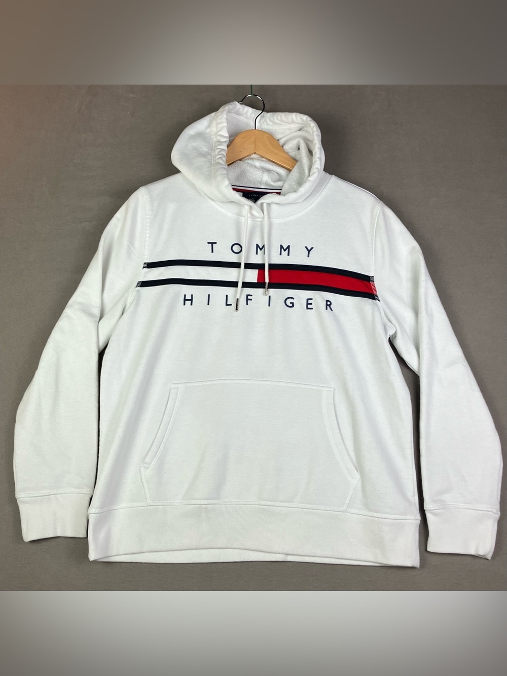Tommy Hilfiger Women’s Size L Pullover Hoodie Sweatshirt White Big Stripe Logo.